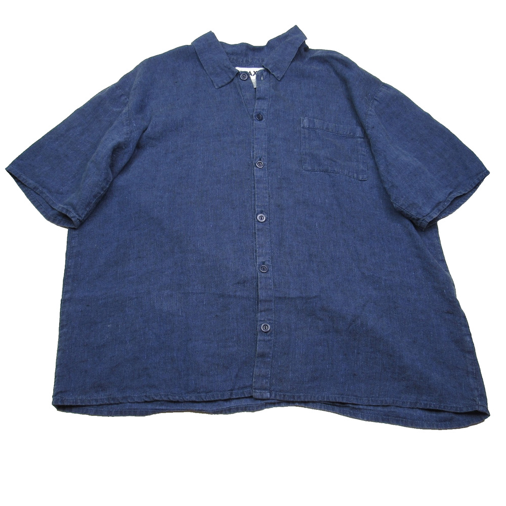 Flax Mens Linen Shirt Size Medium Button Front Short Sleeve Blue Collared